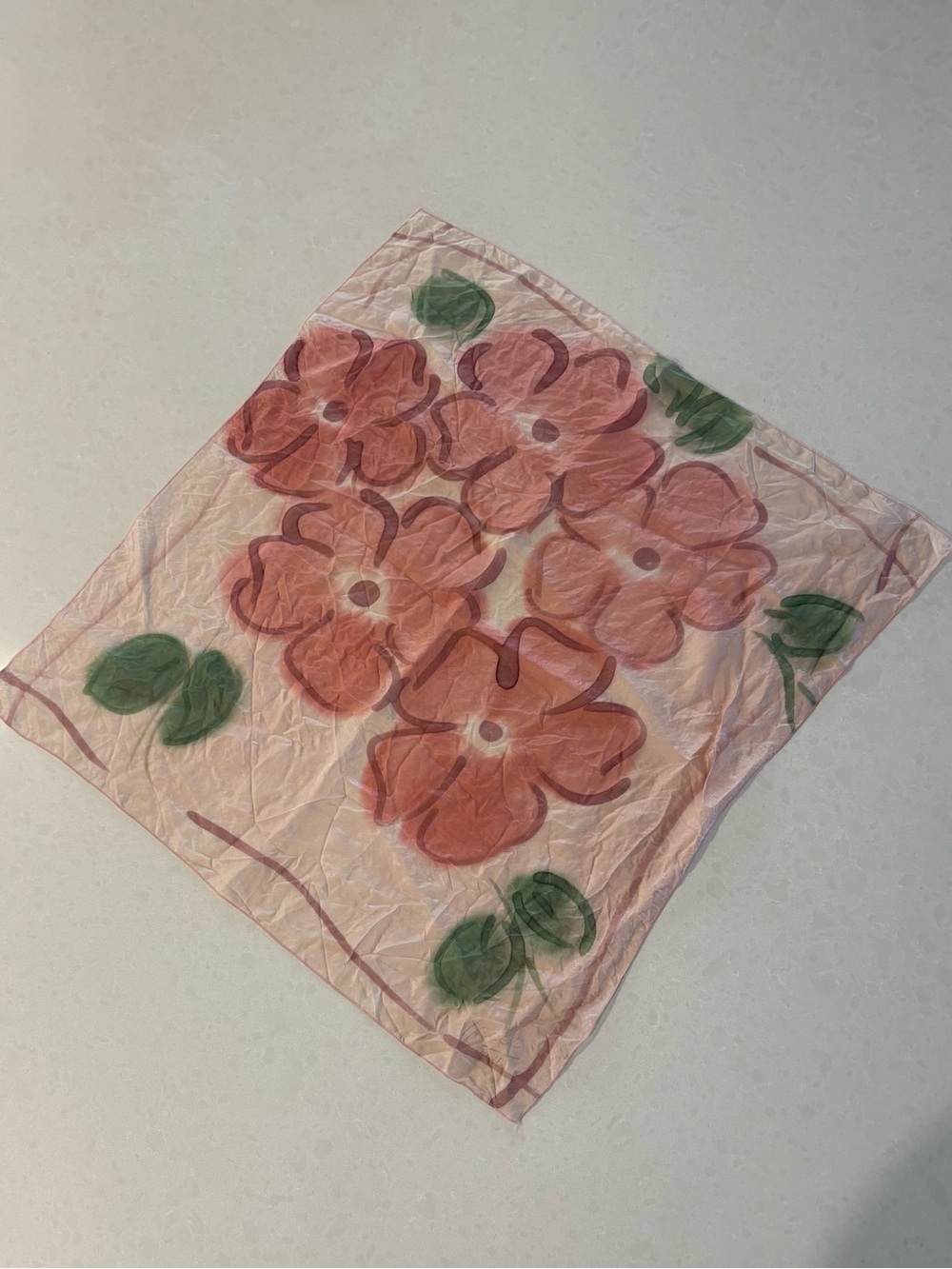 Vintage Sheer Hand-Painted Floral Silk Scarf - Pink/Green - Quebec Artist
